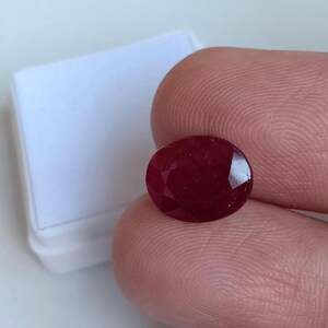 以下が含まれることがあります： ファセット加工された楕円形のルビーの宝石。ルビーは深く豊かな赤色で、2本の指で持たれています。背景には白い長方形の箱があります。