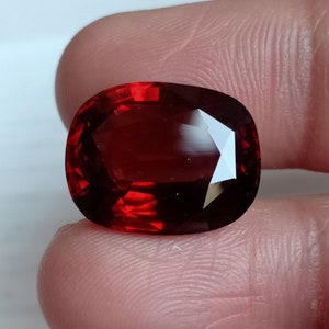 May include: A deep red gemstone with a faceted oval shape.