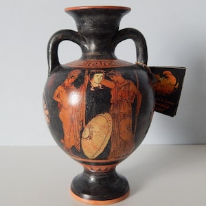 Athenian red figure ceramic Amphora, Europa with Zeus - Athena and Perseus, museum copy, hand painted greek vase