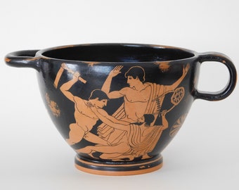 Red figure ceramic Skyphos - Heracles, Linus / Heracles, Acheloos - hand painted greek vase - museum copy