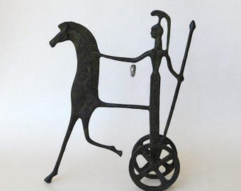 Athena On Chariot with spear Pulled By Horse Bronze Statuette - hand made - ancient greek replica