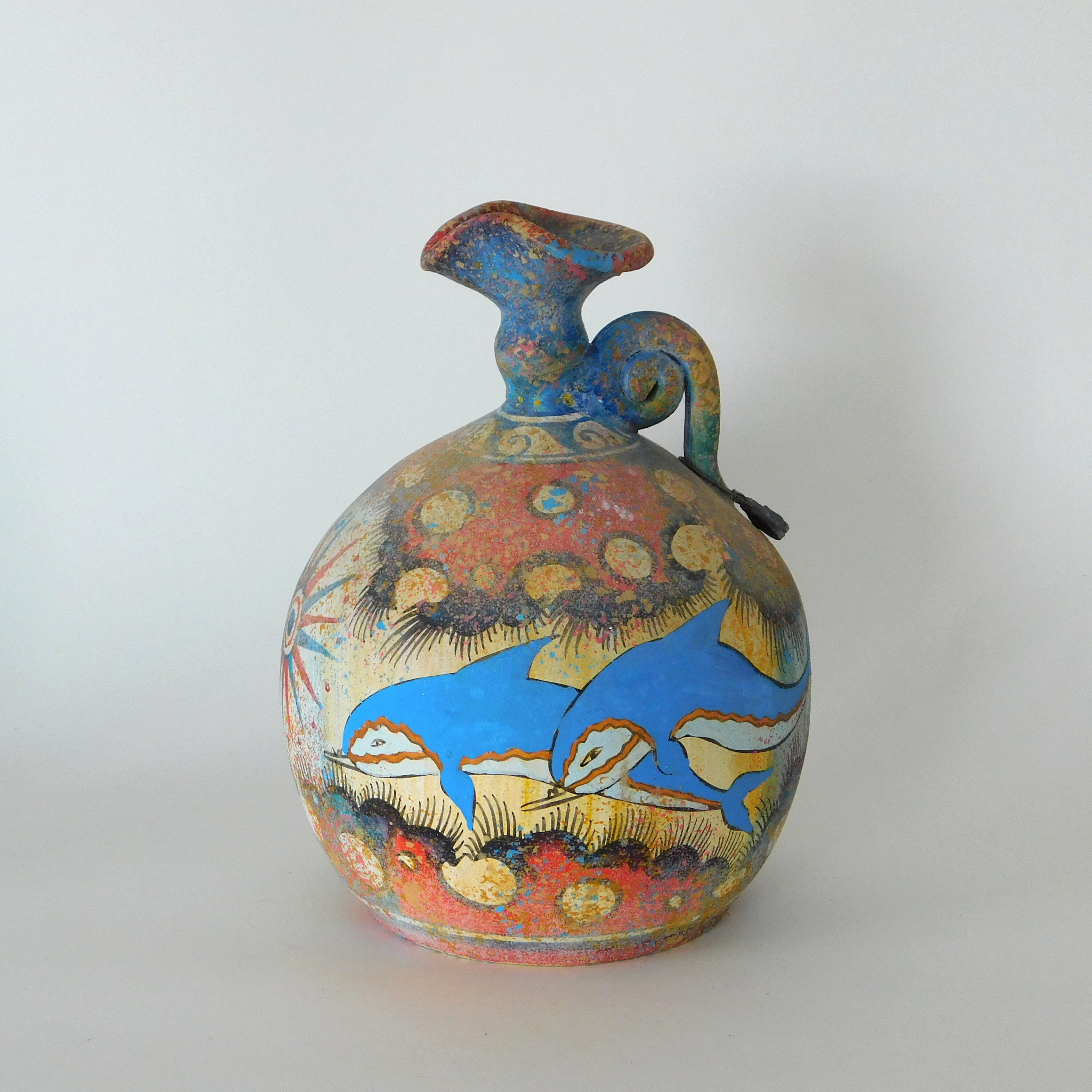 Minoan Ceramic Oinochoe, Dolphins, Hand Painted Greek Vase