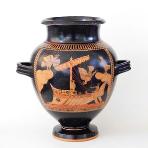 Cerámica Stamnos de figuras rojas - Odiseo con sirenas / Tres Erotes – jarrón griego pintado a mano – copia de museo