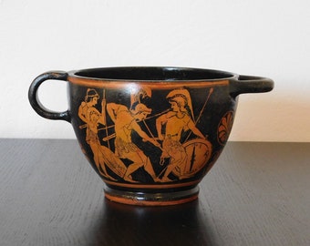 Red figure ceramic Skyphos - Trojan war / Hector, Andromache, Priamus - hand painted greek vase - museum copy