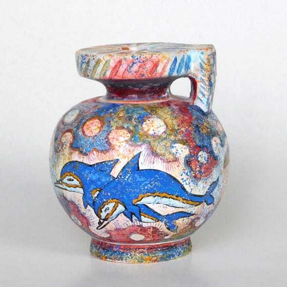 ミノア文明の陶器アリュバロス、イルカ、手描きのギリシャの花瓶