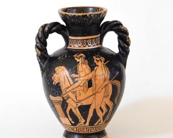 Anfora ateniese a figure rosse, vaso greco dipinto a mano del periodo classico, copia da museo - Castore, Polluce / Edipo, Sfinge
