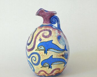 ミノア文明の陶器オイノコエ、イルカ、タコが描かれた手描きのギリシャ