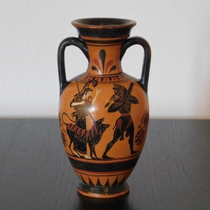 Black figure ceramic Amphora - Athena, Poseidon / Hercules, Cerberus, Athena - hand painted greek vase - museum copy