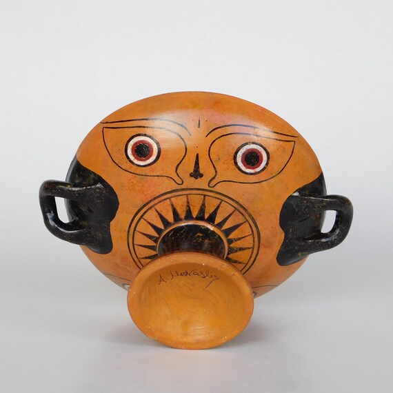 黒絵杯（キュリクス）、ヘラクレス、トリトン、手描きのギリシャ陶器