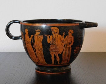 Red figure ceramic Skyphos - Hector, Andromache, Priamus / Trojan war - hand painted greek vase - museum copy