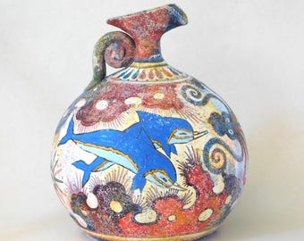 新品・未使用　okapi pottery タコとラッコのデザインボウル　鉢 Minoan Ceramic Oinochoe, Dolphins, Octopus Hand Painted Greek Vase