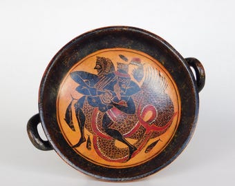 黒絵杯（キュリクス）、ヘラクレス、トリトン、手描きのギリシャ陶器