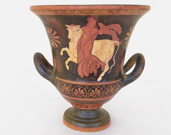 Athenian red figured ceramic krater, Classical period museum copy, Apollo and Artemis / Zeus and Europa - hand painted greek vase