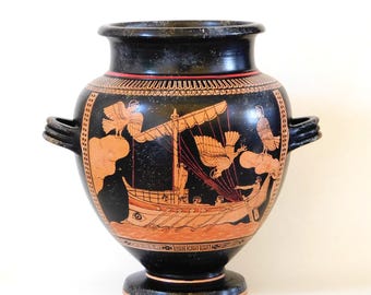 Red figured ceramic Stamnos - Odysseus with sirens / Three Erotes – hand painted greek vase – museum copy