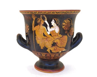 Athenian red figured ceramic krater, Classical period museum copy, Dionysus and Ariadne / Dionysus in his chariot - hand painted greek vase