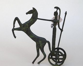 Athena On Chariot with spear Pulled By Horse Bronze Statuette - hand made - ancient greek replica