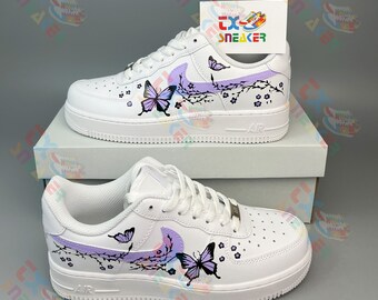 Custom Air Force 1 Sneaker, Custom Air Force 1's, Baby Purple Flower Butterflies Painting Shoes, Birthday Gift For Women