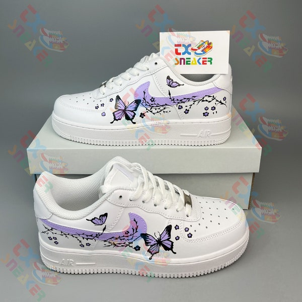 Custom Air Force 1 Sneaker, Custom Air Force 1's, Baby Purple Flower Butterflies Painting Shoes, Birthday Gift For Women