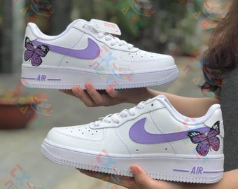 Custom Shoes, Custom Air Force 1 Purple Butterfly, Father's Day Gift For Women