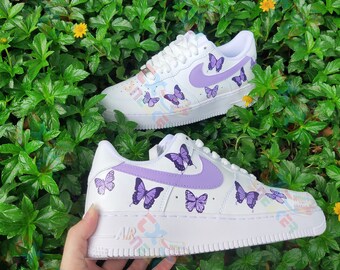 Butterfly Custom Air Force 1 Sneaker, Custom Air Force 1's, Six Purple Flower Butterflies Painting Shoes, Birthday Gift For Women