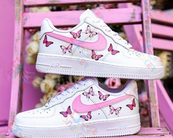 Custom Air Force 1 Sneaker, Custom Air Force 1's, Baby Pink Butterflies Painting Shoes, Birthday Gift For Women