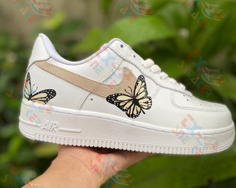 Painted Shoes, Custom Air Force 1 Beige Butterfly, Mother's Day Gift For Women