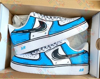 Baskets Air Force 1 personnalisées bleues, Air Force 1 personnalisées main, cadeau d'anniversaire pour femme