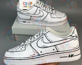 Chaussures Air Force 1 personnalisées noires, chaussures imprimées à la main Air Force 1, cadeau fête des mères pour femme