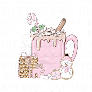 Caneca de café rosa de Natal PNG: design de boneco de neve e bengala doce (download digital)