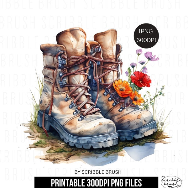 Hiking Boots Clipart PNG, Sublimation Design, Floral Hikers Boots Watercolor Clipart, Printable Hiking Illustration, Digital Download
