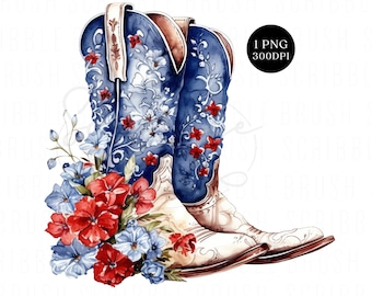 Floral Cowgirl Stiefel PNG Clipart: 4.Juli Sublimationsdesign