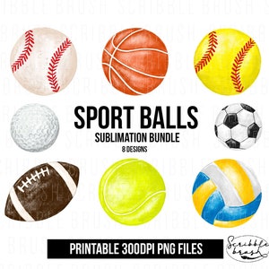 Sport Balls Sublimation PNG Clipart Bundle, Basketball Softball Baseball Football, Soccer Sublimation PNG, Volleyball png, Digital Download