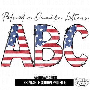 USA Flag Alphabet Letters PNG Bundle, Patriotic Flag Doodle Letters, Hand Drawn Alphabet Doodle, Sublimation Alpha Set Designs PNG letters