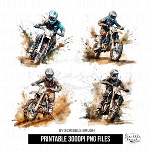 Pacchetto Clipart PNG per motociclisti di Dirt Bike dell'acquerello, PNG stampabile a sublimazione di motocross, Sport DTG, Download digitale