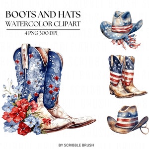 Botas de caubói png, Botas de caubói com bandeira dos EUA, clipart em aquarela de 4 de julho, designs de sublimação floral patriótica, clipart do Dia da Independência