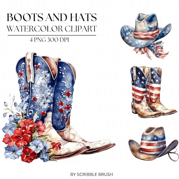 Cowgirl Boots png, US Flag Cowboy Boots 4th of July Watercolor Clipart, Patriotic Floral Sublimation designs, Independence Day Clip Art