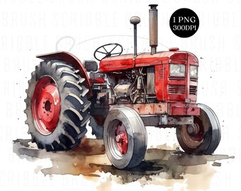 Acquerello trattore rosso PNG: Clipart fattoria (download digitale)