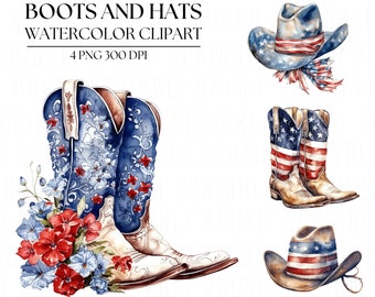 Cowgirl Boots png, US Flag Cowboy Boots 4th of July Watercolor Clipart, Patriotic Floral Sublimation designs, Independence Day Clip Art