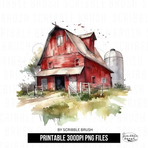 Granero rojo en acuarela PNG Clipart: Casa rústica (Descarga digital)