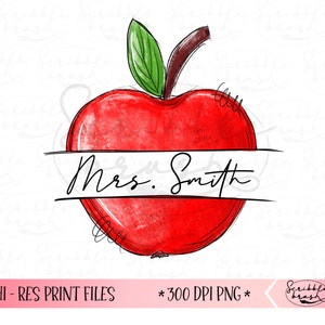 Pode incluir: Uma maçã vermelha com uma folha verde e uma faixa branca que diz "Sra. Smith".