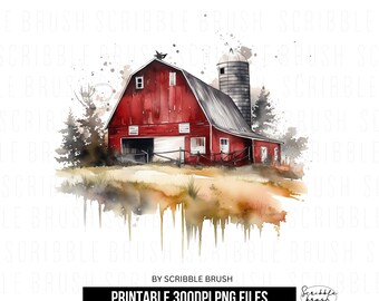 Red Watercolor Barn PNG Clipart: Rustic Farmhouse (Digital Download)