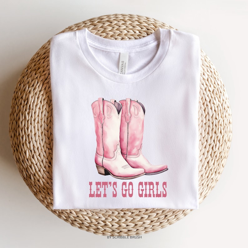 Let's go girls western shirt design representing pink cowgirl boots