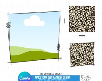 May include: A Canva template for creating your own pattern design. The template shows a simple landscape with a cloud in the sky and a green field. The user can add a leopard print pattern to the landscape to create a new design.