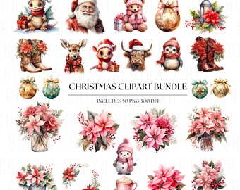 Christmas Clipart Png Sublimation Bundle, Merry and Bright, Cute Animals, Printable Greeting Card, Invitation, Gift Tag, Digital Stickers