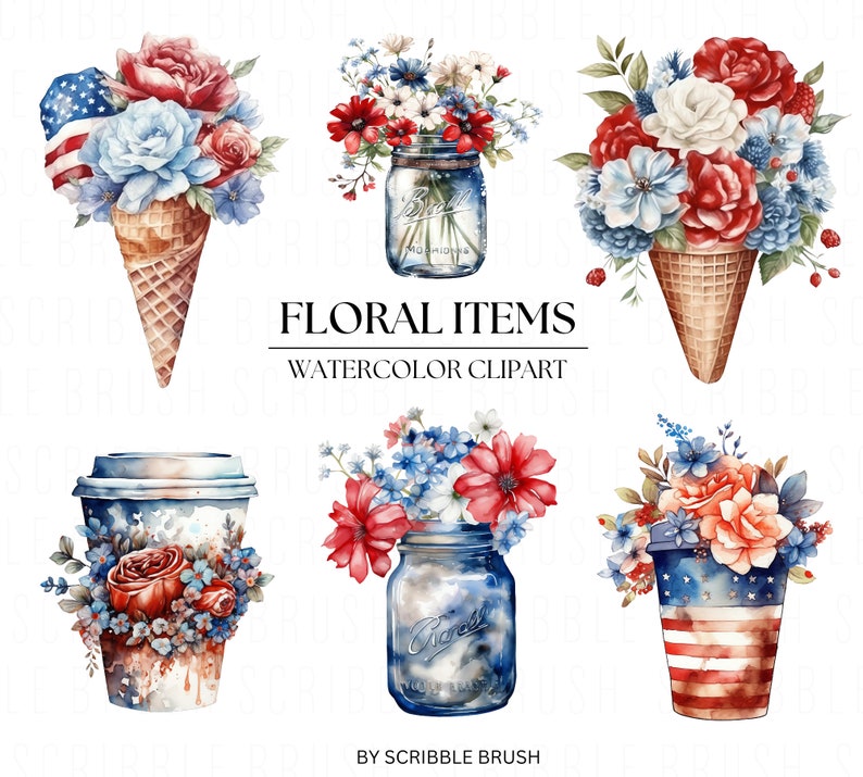 Watercolor 4th of July Clipart: Patriotic Floral Designs (PNG) - Etsy