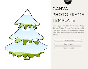 May include: A Canva Photo Frame Template featuring a cartoon Christmas tree. The tree is light blue with green and white details. Text on the right reads "CANVA PHOTO FRAME TEMPLATE" and describes the template's customisable features.