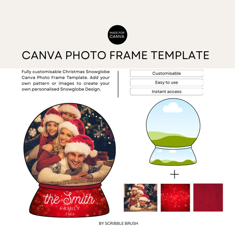 May include: A customizable Christmas snow globe photo frame template for Canva. The template features a red snow globe with a family photo inside and a red base with the text "the Smith FAMILY 2024". The template also includes a blank snow globe, a red background with white snowflakes, and a solid red background.