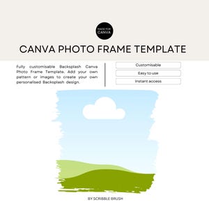 Puede incluir: Un diseño de plantilla de marco de fotos de Canva con una ilustración de cielo azul claro y paisaje verde. El texto dice "CANVA PHOTO FRAME TEMPLATE" y "MADE FOR CANVA". El texto adicional incluye "Totalmente personalizable", "Fácil de usar" y "Acceso instantáneo".
