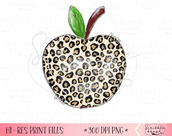 May include: A digital illustration of an apple with a leopard print design. The apple features a green leaf, a brown stem, and a black outline. The text "HI - RES PRINT FILES" and "* 300 DPI PNG *" are at the bottom.