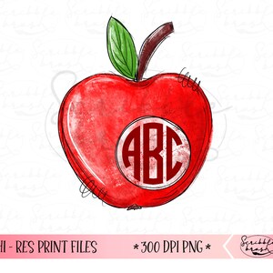 Pode incluir: Maçã vermelha sobre fundo branco com um círculo que contém as letras ABC no centro. A maçã é desenhada em estilo aquarela.